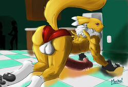 abs anthro balls biceps big_penis black_sclera blush canine clothing cum digimon erection fur hi_res jamie_lamont knot looking_at_viewer looking_back male male_only mammal mechogama muscular paws penis renamon solo story story_in_description underwear white_fur yellow_fur