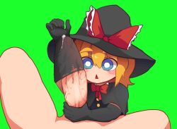 1boy 1girls arm_on_thigh black_capelet black_elbow_gloves black_shirt blue_eyes capelet cookie_(touhou) cum cum_on_wrist green_background hat highres holding_penis marisa_kirisame meguru_(cookie) open_mouth penis_in_glove red_bow red_bowtie short_hair shortstack tagme tearing_gloves touhou white_pupils witch_hat yellow_hair