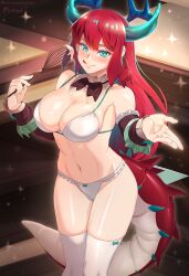 1girls absurd_res blue_eyes blush bra breasts cleavage collar dragon_girl dragon_horns dragon_tail dragonmaid_(yu-gi-oh!) duel_monster green_eyes hocen kitchen kitchen_dragonmaid long_hair long_sleeves looking_at_viewer navel patreon_username red_hair stockings thighhighs tongue_out underwear vilde_loh_hocen yu-gi-oh!