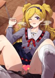 ai_ai_gasa belt black_pants blonde_hair blush breath brown_belt buttons censored classroom collarbone commentary_request cum cum_in_pussy cum_inside curly_hair desk dress_shirt emblem emily_stewart emoji emoji_censor erection feet female from_above furrowed_eyebrows hair_strand hairband hands_up heart_censor idolmaster idolmaster_million_live! idolmaster_million_live!_theater_days indoors kneehighs legs_up long_hair long_sleeves looking_at_viewer looking_up lying navy_blue_skirt no_shoes nose_blush on_back on_desk open_fly open_mouth open_pants pants penis plaid pleated_skirt pov_feet purple_eyes purple_hairband ribbed_legwear school_uniform sex shirt shirt_tucked_in skirt soles solo straight tai0201 toe_scrunch toes twintails unzipped vaginal_penetration visible_air w_arms white_legwear white_shirt