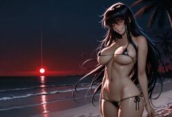 ai ai_generated alucard_(hellsing) areola_slip beach bikini bikini_bottom bikini_top black_hair cameltoe gender_transformation genderswap_(mtf) hellsing long_hair micro_bikini night pubic_hair_peek red_eyes red_moon rule_63 self_upload side-tie_bikini skindentation stable_diffusion