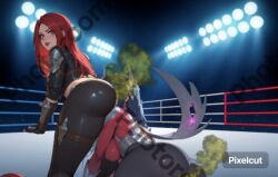 2girls ai_generated ass black_hair blue_hair catfight farting_in_face irelia_xan katarina_du_couteau league_of_legends red_hair wrestling