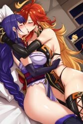 1boy 2girls aether_(genshin_impact) ai_generated dutch_angle genshin_impact harem kissing makeout mavuika mavuika_(genshin_impact) night on_bed purple_hair raiden_shogun red_hair thighs yuri