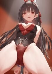 2d 2d_(artwork) aos black_hair breasts bunny_ears bunnysuit date_a_live light-skinned_female long_hair red_eyes solo solo_female thighs tokisaki_kurumi