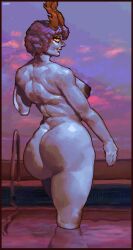 1female 2d alt ass ass_focus back_view background beach bedroom_eyes big_ass big_breasts black_eyes blue_hair blue_skin blush curly_hair cyan_skin dimples female giantess horns naked nude oc original original_character pool presenting purple_hair purple_skin smile smiling smiling_at_viewer solo wet wide_hips