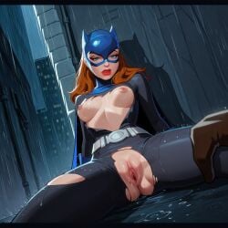 1girls ai_generated batgirl batman:_the_animated_series dc dc_comics exposed_breasts exposed_pussy gotham solo solo_female superheroine torn_bodysuit