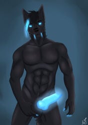 5_fingers abs absurd_res animal_genitalia animal_penis anthro balls black_fur black_hair black_skin blue_eyes blue_penis canine canine_penis cinta erection eyebrows fangs fur glowing glowing_eyes glowing_penis hair hi_res holding_balls husky knot looking_at_viewer male male_only mammal muscular nails nude penis simple_background smile solo standing teasing