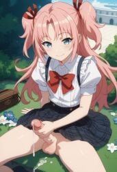 1boy 1femboy after_cumshot ai_generated arikawa_hime balls blue_eyes crossdressing cum cumshot erection femboy himegoto penis pink_hair precum smile testicles trap