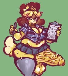 1futa animal_crossing animal_ears anthro balls big_balls big_penis blonde_hair breasts canine clipboard dog_ears dog_tail domestic_dog foreskin fur furry gynomorph intersex isabelle_(animal_crossing) nintendo penis sinmaiden solo sweat yellow_body yellow_fur