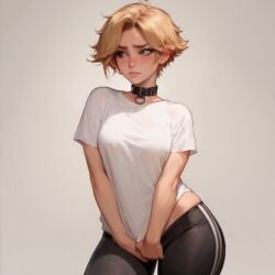 ai_generated blonde_hair choker green_eyes gym_clothes revealing_clothes short_hair skimpy_clothes skintight_clothing small_breasts veve