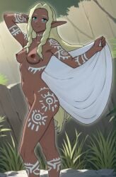 1girls anaxus arm_up blonde_hair breasts completely_nude dark-skinned_female female green_eyes midriff nintendo nipples nude outdoors outside pointy_ears small_breasts solo sonia_(tears_of_the_kingdom) tattoo tears_of_the_kingdom the_legend_of_zelda thighs towel tribal tribal_markings undressing