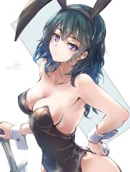 1girls alternate_costume animal_ears black_hair black_leotard blue_eyes blue_hair breasts bunny_ears bunny_girl bunny_tail bunnysuit byleth_(fire_emblem) byleth_(fire_emblem)_(female) clear_glass_(mildmild1311) cleavage detached_collar fake_animal_ears fake_tail fire_emblem fire_emblem:_three_houses hand_on_hip hi_res highres leotard looking_at_viewer medium_breasts medium_hair multicolored_hair nintendo playboy_bunny rabbit_ears rabbit_tail solo strapless sword tail teal_hair watermark weapon year_of_the_rabbit