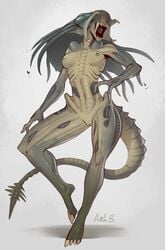 alien alien_(franchise) alien_vs_predator arbuzbudesh barbed_tail breasts claws exposed_muscle eyeless fangs female female_only female_xenomorph female_yautja hybrid mandibles nightmare_waifu predalien predator_(franchise) pussy solo xenomorph yautja