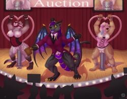 absurd_res anthro auction auctioneer audience bidding bodily_fluids bondage bound close-up clothing corset cuff_(restraint) dildo dildo_in_pussy dildo_insertion dragon female female/female genital_fluids group handcuffed handcuffs hi_res lingerie mammal metal_cuffs mustelid mythological_creature mythological_scalie mythology one_bar_prison otter penetration piercing public public_exposure public_nudity restraints rod scalie sex_toy sex_toy_in_pussy sex_toy_insertion slave slave_auction stage stage_curtains stage_lights thatblackfox_(artist) topwear trio vaginal_fluids vaginal_penetration