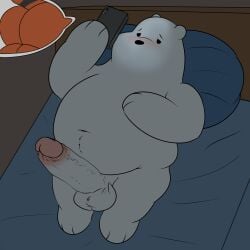 ass bear bed bedroom belly big_belly big_butt big_penis black_nose blush camp14 cartoon_network dot_eyes electronics erection furniture generation_7_pokemon genitals glans hi_res holding_object holding_phone ice_bear_(we_bare_bears) incineroar looking_at_object looking_at_phone lying male mammal night nintendo on_back on_bed overweight overweight_male panel_skew penis phone pink_glans pokemon pokemon_(species) polar_bear simple_eyes solo ursine we_bare_bears