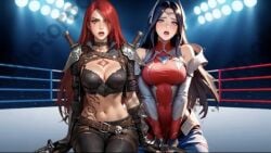 2girls ai_generated ass black_hair blue_hair catfight farting_in_face irelia_xan katarina_du_couteau league_of_legends red_hair wrestling