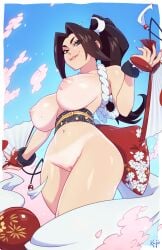 1girls areolae ass breasts breasts_bigger_than_head breasts_out brown_eyes brown_hair cloud clouds fan female female_focus female_only kajinman king_of_fighters light_skin light_skinned_female lip_biting lips looking_at_viewer looking_down mai_shiranui mole mole_on_breast naked ponytail pussy shaved_pussy sky tagme vagina