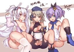 3girls azur_lane bodysuit breasts censored dated eagle_union_(azur_lane) garter_belt innie_pussy iron_blood_(azur_lane) javelin_(azur_lane) laffey_(azur_lane) light-skinned_female light_skin medium_breasts multiple_girls pussy royal_navy_(azur_lane) signature small_breasts stmaster thighhighs torn_bodysuit torn_clothes twintails z23_(azur_lane)