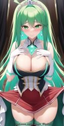 1girls aegis_elysium ai_art ai_generated blush blushing breasts cleavage dress elbow_gloves female female_focus gem gloves green_eyes green_hair hair_ornament headpiece highres huge_breasts jewelry large_breasts long_hair looking_at_viewer nintendo patreon patreon_username pneuma pneuma_(xenoblade) princess skirt skirt_lift solo solo_focus standing swept_bangs thighhighs tiara touching_breast touching_breasts very_long_hair watermark xenoblade_(series) xenoblade_chronicles_(series) xenoblade_chronicles_2