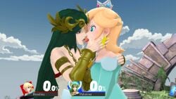 2girls 3d alternate_version_available blue_eyes breasts clothed clothing company_connection crossover crown duo earrings female female_only french_kiss game_ui green_eyes green_hair hair_over_one_eye hud kid_icarus kissing laurel_crown light-skinned_female light_skin lips long_hair mario_(series) nintendo nobodyrly_(artist) outdoors palutena platinum_blonde_hair princess_rosalina sfm star_earrings super_smash_bros. tagme tongue tongue_kiss tongue_out very_long_hair yuri