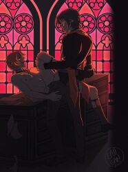 anal anal_sex brown_hair bungo_stray_dogs bungou_stray_dogs choker chuuya_nakahara dazai_osamu desk full full_color gay male/male missionary_position nakahara_chuuya osamu_dazai red_hair stained_glass