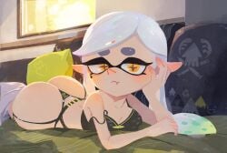 1girls ass bed blanket blush bra breast_press breasts female hand_on_own_cheek hand_on_own_face indoors inkling large_breasts looking_at_viewer lying marie_(splatoon) mole mole_under_eye nintendo o-ring o-ring_bottom off_shoulder on_stomach pillow pointy_ears pout solo splatoon splatoon_(series) strap_slip symbol-shaped_pupils tentacle_hair thong underwear white_hair window yellow_eyes zhang_tian57284