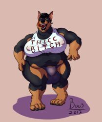 1futa animal_genitalia anthro boo3 breasts bulge canine cleavage clothed clothing doberman fully_sheathed fur furry futanari hyper intersex mammal nipples overweight penis sheath sheath_outline solo_futa text thong