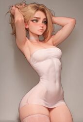 ai_generated blonde_hair choker green_eyes minidress revealing_clothes short_hair skimpy_clothes skintight_clothing small_breasts veve