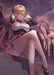 1girls blonde_hair blue_eyes breasts corset demon_girl demon_horns demon_tail demon_wings high_heels hololive horns jojobirdz large_breasts long_hair looking_at_viewer maid maid_headdress maid_uniform sitting stairs tail thighhighs virtual_youtuber wings yuzuki_choco