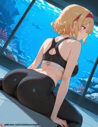 1boy ai_generated alice_margatroid aquarium beautfiul_background crying_with_eyes_open hair_messy large_breasts mating_press sports_bra stunning_backgroud yoga_pants