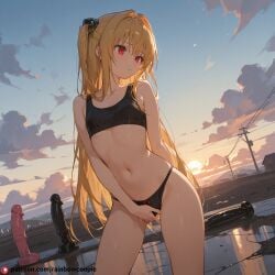 ai_generated beautfiul_background cloudy_sky contempt dildo fingering_through_panties flat_chest kasumi_(pokemon) konjiki_no_yami mist-covered_ground stunning_backgroud