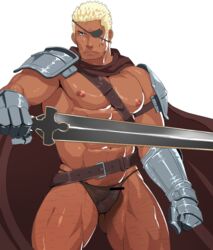 1boy abs armor bara body_hair cape eyepatch facial_hair looking_at_viewer male male_only muscle pecs penis sakuramaru123 solo solo_male sword weapon