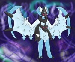 1girls 2017 3_toes absurd_res anthro anthrofied armor bat betlv bioluminescence blue_background blue_body blue_nipples breasts claws dawn_wings_necrozma fangs female fusion glowing glowing_eyes hi_res hybrid legendary_pokemon lunala mammal membranous_wings multi_arm multi_limb necrozma nintendo nipples pokemon pokemon_sm pokemon_usm pokemorph pussy red_eyes simple_background solo space spikes star toe_claws toes video_games winged_arms wings