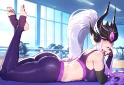 ai_generated anemoi ass ass elbow_gloves feet feet_up gym gym_bottomwear gym_clothes gym_clothing gym_uniform headgear headwear laying_down laying_on_stomach league_of_legends leggings long_hair looking_at_viewer nail_polish riot_games seductive seductive_look side_view sideboob soles solo solo_female solo_focus sports_bra sportswear stirrup_leggings stirrup_legwear syndra toenail_polish toes white_hair workout_clothes workout_clothing yoga_pants