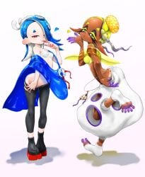 2girls deep_cut_(splatoon) frye_(splatoon) frye_onaga fully_clothed inkling inkling_girl koharuno2 octoling octoling_girl shiver_(splatoon) shiver_hohojiro splatoon splatoon_(series) splatoon_3 strip_tease tagme tentacle_hair