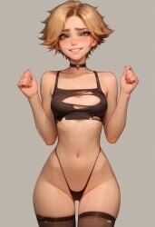 blonde_hair choker green_eyes short_hair skimpy_clothes skintight_clothing small_breasts thighhighs thong veve