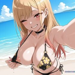 1girls ai_generated beach bikini black_choker blonde_hair choker exposed_breasts exposing_breasts exposing_chest floral_print hi_res kitagawa_marin long_nails looking_at_viewer multicolored_hair one_eye_closed one_nipple_out piercing pulling_bikini_down red_eyes selfie selfie_pose smile sono_bisque_doll_wa_koi_wo_suru tagme un0rth0 wet wet_body