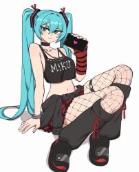 1girls breasts female female_focus female_only fishnet_legwear fishnets goth goth_girl hatsune_miku hyyun light-skinned_female light_skin looking_at_viewer midriff solo twintails vocaloid white_background