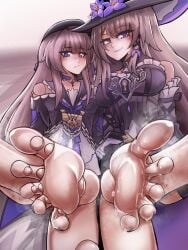 2girls barefoot doll doll_joints feet foot_focus foot_pussy herta_(honkai:_star_rail) honkai:_star_rail honkai_(series) imminent_footjob joints looking_at_viewer multiple_girls presenting_foot skai_art smile soles sweat the_herta_(honkai:_star_rail) toes