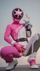 ai_generated bakuage_sentai_boonboomger bodysuit gavver_x pink_suit pussy shifuto_mirai spread_pussy squatting super_sentai tattered_clothing uncensored