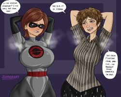 2girls armpit_fetish armpits big_breasts body_odor breasts brown_hair dialogue disney elastigirl evelyn_deavor female helen_parr huge_breasts marvel pixar smelly smelly_armpits steam steaming_body steamy steamy_armpits stink_fumes text the_incredibles zerbebuth