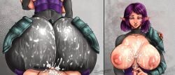 1boy 1girls ass big_ass big_breasts breasts buttjob cum cum_on_ass cum_on_breasts erection female huge_ass huge_breasts male nipples paizuri paladins penis purple_hair skye_(paladins) small_penis zerbebuth