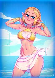 1girls beach bikini blonde_hair blue_eyes breasts camera clouds crown_braid kajinman looking_at_viewer medium_breasts midriff navel nintendo ocean outside posing princess_zelda sarong short_hair sky swimsuit tears_of_the_kingdom the_legend_of_zelda triforce_bikini triforce_swimsuit water yellow_bikini yellow_swimsuit