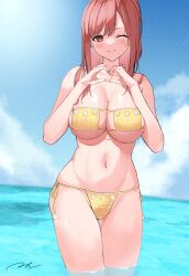 1girls absurdres alluring big_breasts bikini blush cleavage cloud dead_or_alive dead_or_alive_xtreme_venus_vacation eyepatch_bikini female_focus female_only heart heart_hands high_res hoki1314 honoka_(doa) matching_hair/eyes medium_hair midriff navel ocean one_eye_closed partially_submerged pink_eyes pink_hair side-tie_bikini_bottom signature skindentation sky smile solo standing strapless strapless_bikini swimsuit tecmo under_boob wading wink yellow_bikini