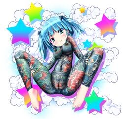 anus anus_tattoo blue_hair blush breasts female full_body_tattoo green_eyes hair_ornament looking_at_viewer makeup navel_piercing nipple_piercing nipples nude piercing pussy seiji_(artist) shiny tattoo