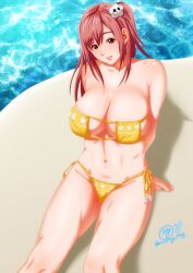 alluring bare_shoulders bikini brown_eyes brown_hair cleavage dead_or_alive dead_or_alive_6 dead_or_alive_xtreme_venus_vacation eyepatch_bikini female female_focus highres honoka honoka_(doa) k.ty_(amejin) large_breasts long_hair looking_at_viewer navel parted_lips red_eyes red_hair sitting smile solo swimsuit tecmo