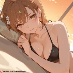 ai_generated bikini blush breasts brown_eyes brown_hair large_breasts looking_at_viewer lying misaka_imouto to_aru_majutsu_no_index