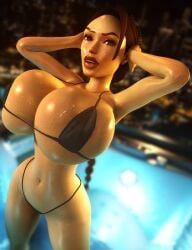 bikini clothed detailed_background drakepowers huge_breasts lara_croft lara_croft_(classic) large_breasts pool tomb_raider tomb_raider_remastered virtamate