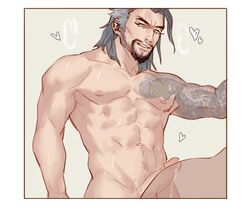 2boys abs ass cum erection francishsie grin hanzo male multiple_boys muscle naughty_face nude overwatch penis smile smirk solo_focus steam sweat tattoo teeth testicles yaoi