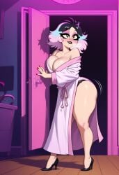 ai_generated ass bathrobe cleavage emberlynn_pinkle gondor952 helluva_boss high_heels makeup mobile_phone off_shoulder shortstack thick_thighs